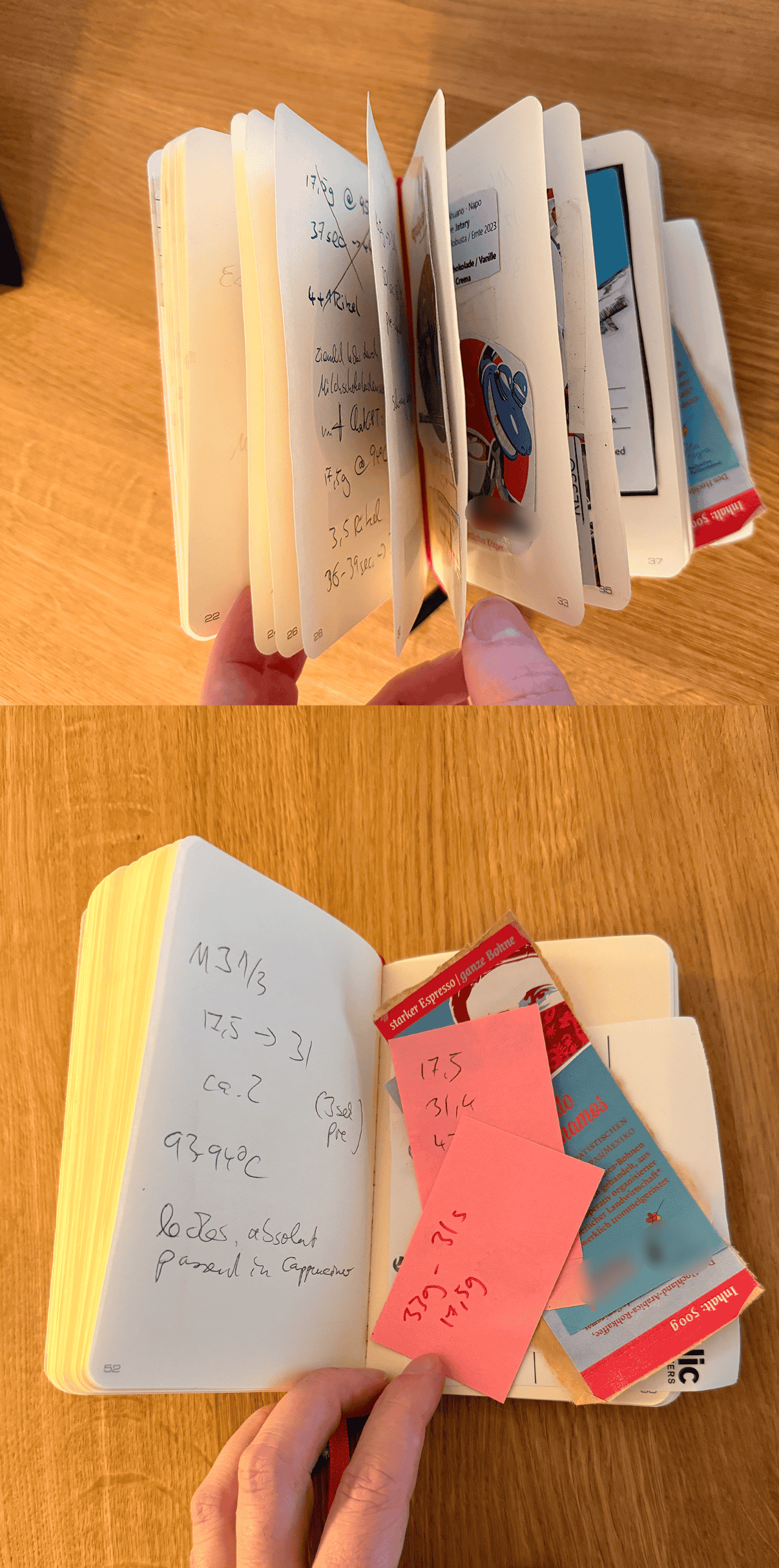 Chaotische Espresso-Notizen in einem Notizbuch